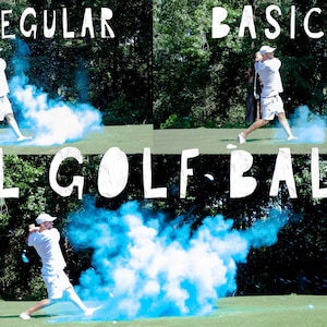 May include: A golfer hits a golf ball that releases blue smoke. The text "REGULAR" is in the top left corner of the image. The text "BASIC" is in the top right corner of the image. The text "XL GOLF BALL" is in the middle of the image.