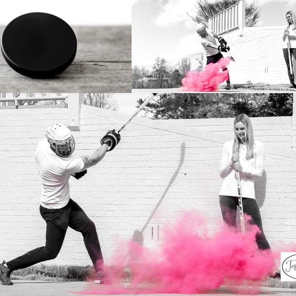 Powder Hockey Puck für das Geschlecht offenbart sich in rosa oder blauen Hockeypucks für den wahren Eishockeyfan! Von: Tori & Jon