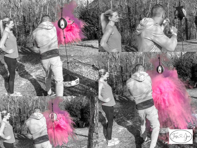 May include: A couple in a black and white photo, standing in front of a pink powder explosion. The man is holding a punching bag and the woman is looking at the explosion. The text "Tori & Jon" is visible in the bottom right corner of the image.
