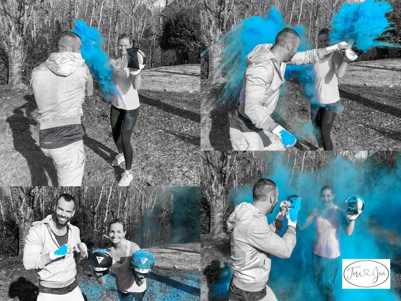 May include: A couple wearing white shirts and black pants are boxing with blue powder. The powder explodes in a cloud around them. The text "Tori & Jon" is in the bottom right corner of the image.
