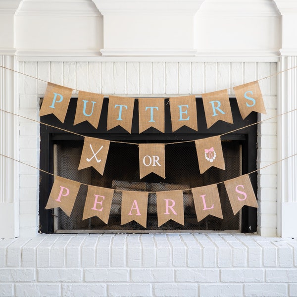 PUTTERS o PEARLS Burlap Banner! ¡El tema perfecto de la revelación de género! ¡Banners personalizables de Burlap! ¡Ideas perfectas de revelación de género!