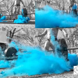 May include: A couple lifts a barbell, creating a blue smoke cloud. The barbell is covered in blue powder. The text "Tori & Jon" is visible in the bottom right corner of the image.