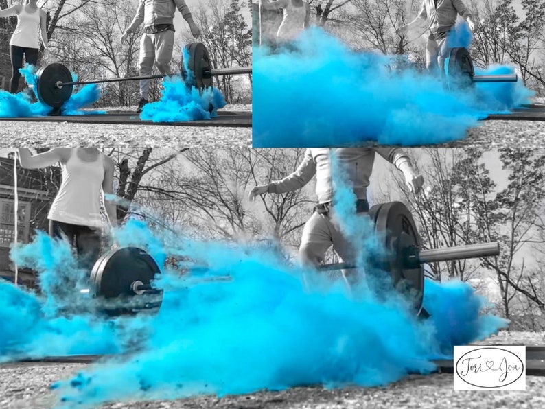 May include: A couple lifts a barbell, creating a blue smoke cloud. The barbell is covered in blue powder. The text "Tori & Jon" is visible in the bottom right corner of the image.