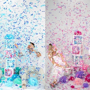 May include: Two couples stand in front of a wall covered in blue and pink confetti. They are holding boxes with the letters "BOY" and "GIRL" on them. The boxes are stacked on top of each other. The couples are smiling and looking at the boxes.