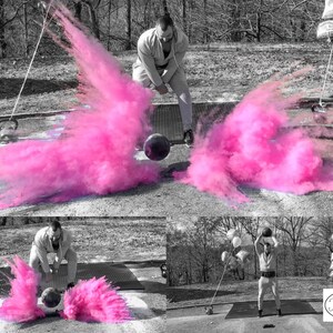 May include: A person in a white shirt swings a weighted ball, creating a pink cloud of powder. The image is split into three sections, with the bottom section showing the person swinging the ball again, and the top section showing the person swinging the ball with a pink cloud of powder in the background. The text "Tori & Jon" is visible in the bottom right corner of the image.
