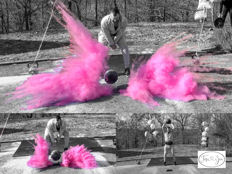 May include: A person in a white shirt swings a weighted ball, creating a pink cloud of powder. The image is split into three sections, with the bottom section showing the person swinging the ball again, and the top section showing the person swinging the ball with a pink cloud of powder in the background. The text "Tori & Jon" is visible in the bottom right corner of the image.
