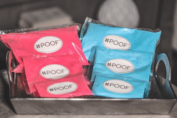 Gender Reveal Powder in Pink Blue Green Red Purple Yellow Orange Poof Powder™ Powder Cannon Powders Gender Reveal Ideas