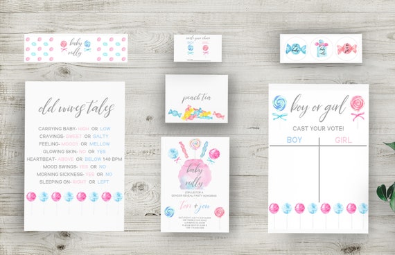 Gender Reveal Invitation Bundle, Decor, and Much More! Instantly Download Invitations, Old Wives Tales, Voting Ballot, Water Bottle Covers