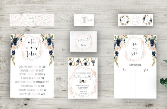 Gender Reveal Invitation Bundle, Decor, and Much More! Instantly Download Invitations, Old Wives Tales, Voting Ballot, Water Bottle Covers