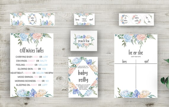 Gender Reveal Invitation Bundle, Decor, and Much More! Instantly Download Invitations, Old Wives Tales, Voting Ballot, Water Bottle Covers