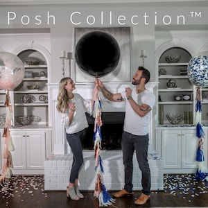 36in Black Gender Reveal Balloon filled with Designer Pink or Blue Confetti Poof Collection™ Posh Collection™ Venice Collection™ Posh Pink & Blue