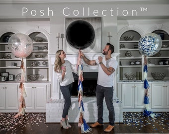 36" Black Gender Reveal Balloon filled with Designer Pink or Blue Confetti Posh Collection™ Venice Collection™ Poof Collection™