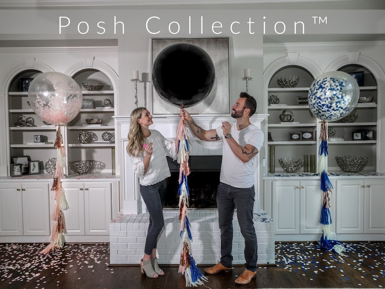 36in Black Gender Reveal Balloon filled with Designer Pink or Blue Confetti Poof Collection™ Posh Collection™ Venice Collection™ Posh Pink & Blue