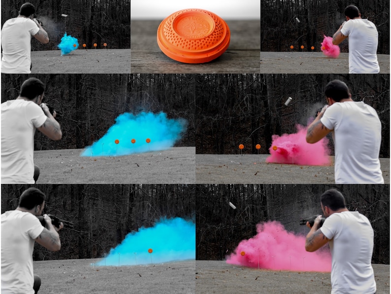 May include: A person shooting a shotgun at clay targets. The targets are exploding in a cloud of blue and pink smoke.