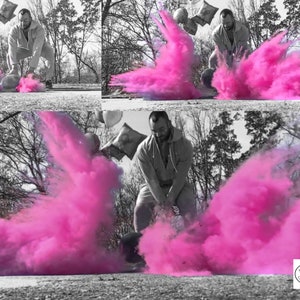 May include: A person in a gray sweatshirt throws a pink powder filled balloon, creating a large pink cloud of smoke. The text "Josie & Jon" is visible in the bottom right corner of the image.