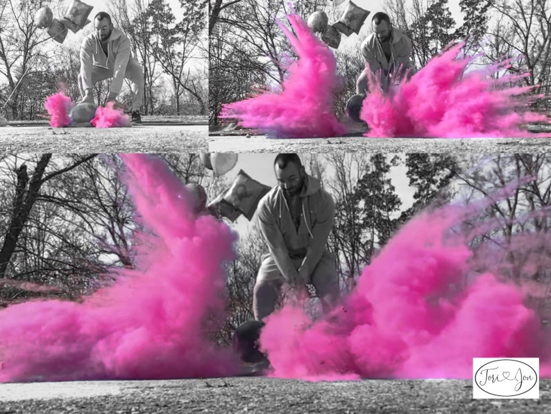 May include: A person in a gray sweatshirt throws a pink powder filled balloon, creating a large pink cloud of smoke. The text "Josie & Jon" is visible in the bottom right corner of the image.
