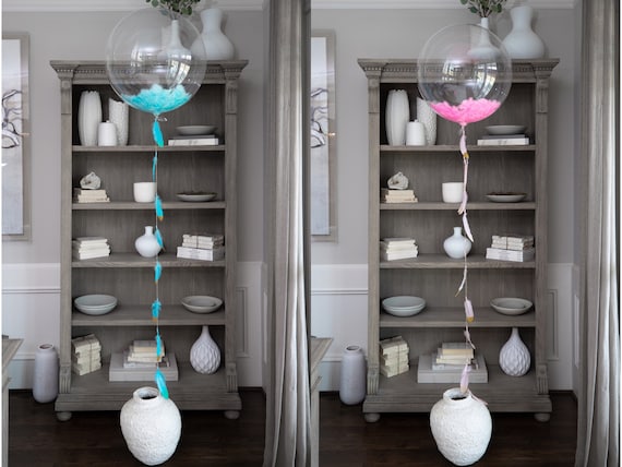 Feather Balloons for Gender Reveal Party Decor in Blue and Pink w/ Feather Tassel Dipped in Gold! Crystal Clear Feather Balloons in 36" 24"
