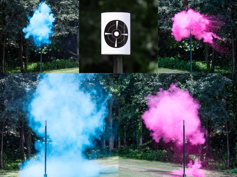 May include: A gender reveal party setup with two smoke bombs, one blue and one pink, exploding from a target stand. The target stand has a black and white bullseye target.