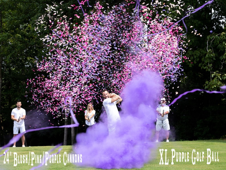 May include: A group of people are standing on a golf course, holding purple and pink confetti cannons. One person is swinging a golf club, and a large purple golf ball is in the air. The text "24" Blush/Pink/Purple Cannons" is visible at the bottom left of the image. The text "XL Purple Golf Ball" is visible at the bottom right of the image.