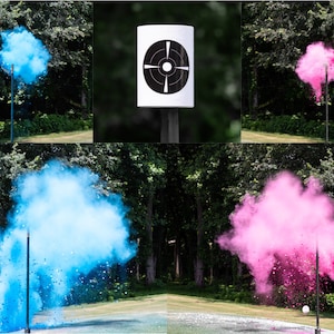 May include: A white target with a black bullseye is mounted on a wooden post. A blue cloud of powder explodes from a tube in front of the target. A pink cloud of powder explodes from a tube in front of the target.