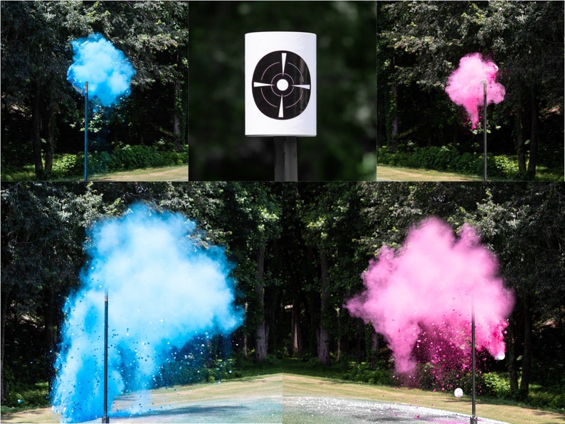 May include: A white target with a black bullseye is mounted on a wooden post. A blue cloud of powder explodes from a tube in front of the target. A pink cloud of powder explodes from a tube in front of the target.