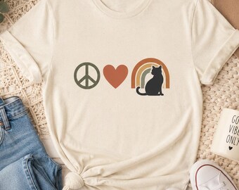 Camiseta Corazón de Paz con Gato / Camiseta Retro Arcoíris para Amantes de los Gatos