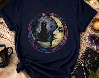 Silueta de gato sobre luna creciente (camiseta) / Cielo nocturno místico
