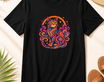Camiseta de gato psicodélico / Arte de gato con remolinos coloridos