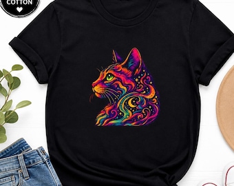 Camiseta con perfil de gato psicodélico / Arte de gato con remolinos coloridos