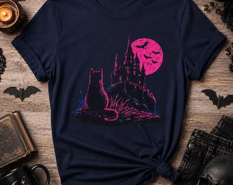 Camiseta Neon Gothic Cat Castle / Luna rosa, silueta embrujada