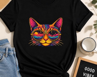 Camiseta con cara de gato psicodélico / Arte de gato con remolinos coloridos