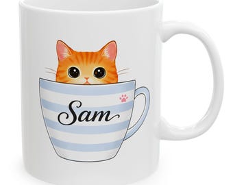 Personalizable Cat Mug | Illustration, Blue Stripes