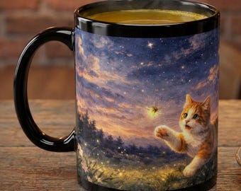 Orange Cat with Firefly Night Sky Mug | Black Ceramic