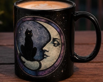 Taza con cara de luna creciente y gato negro / Taza de cerámica negra con motivos astrológicos