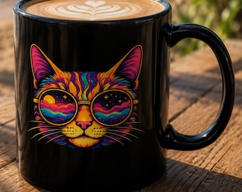 Taza con diseño de gato psicodélico con gafas de sol / Taza de café de cerámica negra