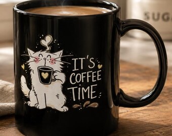 Taza de café con diseño de gato "Es hora del café" / Taza de café de cerámica negra de 325 ml (11 oz) y 444 ml (15 oz).