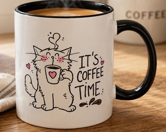 Taza de cerámica con diseño de gato adorable "Es hora del café", 325 ml (11 oz) y 444 ml (15 oz).