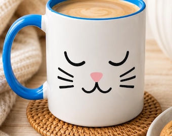 Taza con diseño de cara de gato adorable / Taza de cerámica de 325 ml o 444 ml, asa negra.