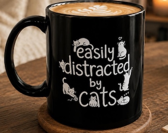 Taza "Me distraigo fácilmente con los gatos" / Taza de café de cerámica negra con diseño de gato