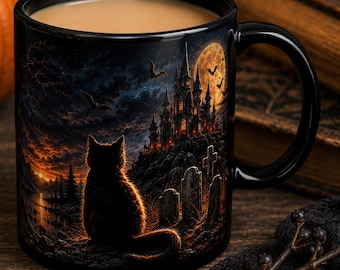 Taza con diseño de cementerio de gatos a la luz de la luna / Taza de café negra de Halloween