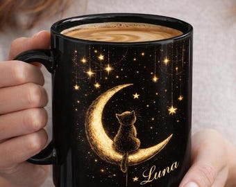 Personalizable Cat on Crescent Moon Mug | Black Night Sky Stars
