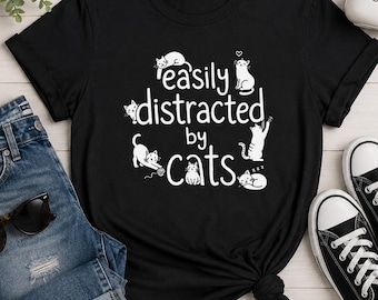 Camiseta "Me distraigo fácilmente con los gatos" / Camiseta para amantes de los gatos, diseño de silueta de gato.