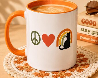 Taza de cerámica con diseño de gatos y corazones de la paz / Taza de café de cerámica con detalles de color