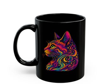 Taza de café de cerámica negra con diseño de gato arcoíris psicodélico