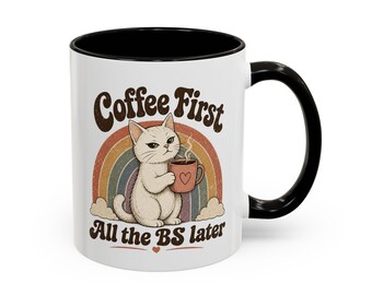 Taza de café con diseño de gato / Arcoíris retro, "Todas las tonterías después"