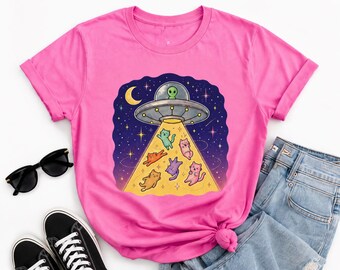 Camiseta con estampado de gatos secuestrados por extraterrestres / Sudadera con cuello redondo de gato espacial adorable