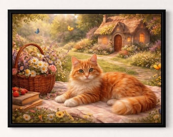 Póster de Ginger Cat Cottage / Arte de pared enrollable, escena de jardín floral