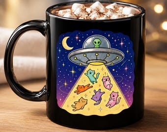 Taza con diseño de "Abducción alienígena de gatos" / Taza de café de cerámica negra