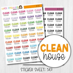 May include: Sheets of stickers with the words "CLEAN house" in various colors and fonts. A circular sticker with the words "CLEAN house" in orange and black is also included. The sticker sheet size is 5x7 inches.