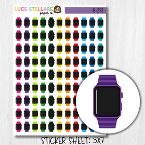 Può includere: Un foglio di adesivi con disegni di smartwatch colorati in vari colori, tra cui rosa, viola, verde, giallo, arancione, rosso, blu e turchese. Il foglio è etichettato "B-298" e "Sticker Sheet: 5x7". È visibile anche il marchio "Luce Stellare paper co."